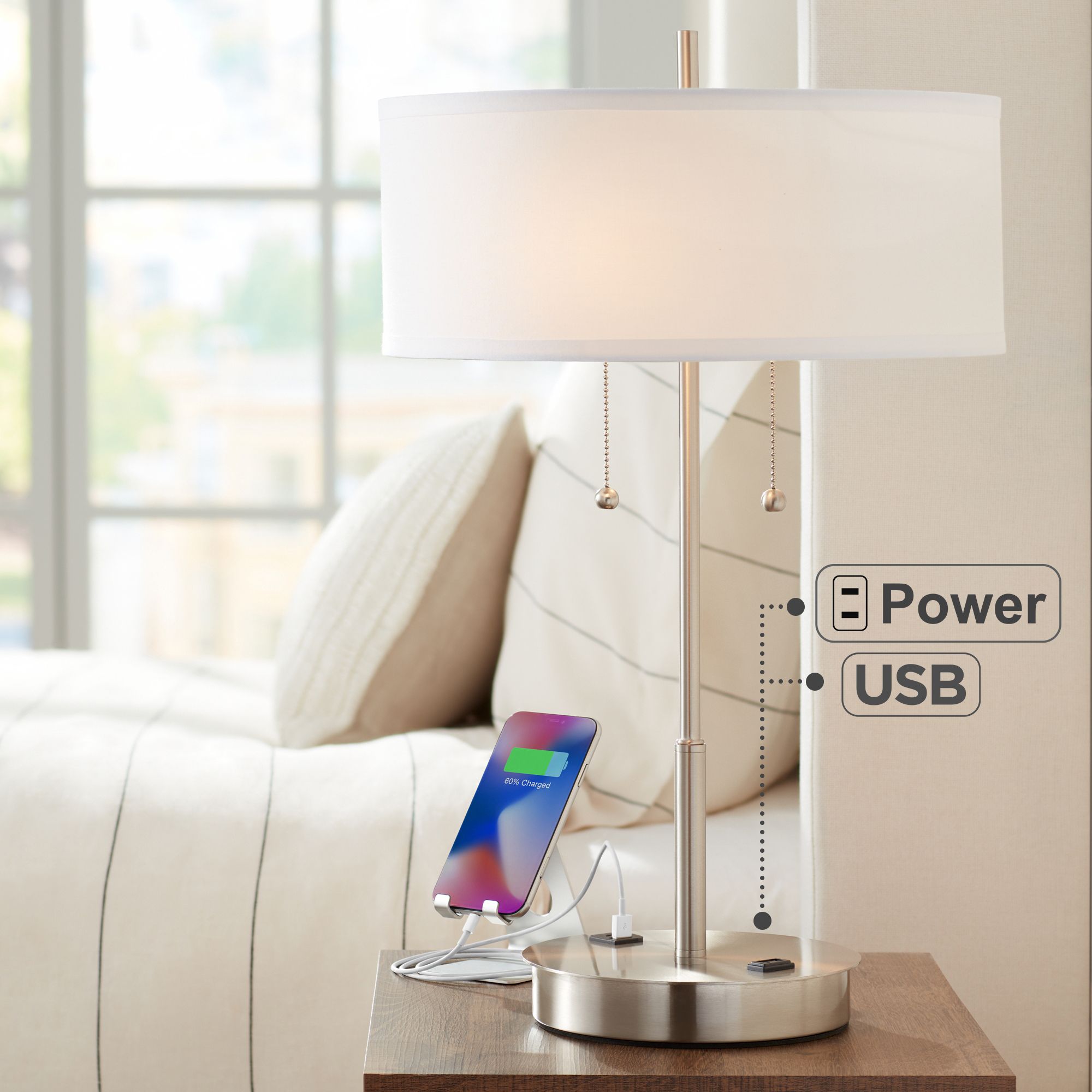 Possini Euro Nikola 23 3/4" USB Port and Utility Plug Metal Table Lamp in scene