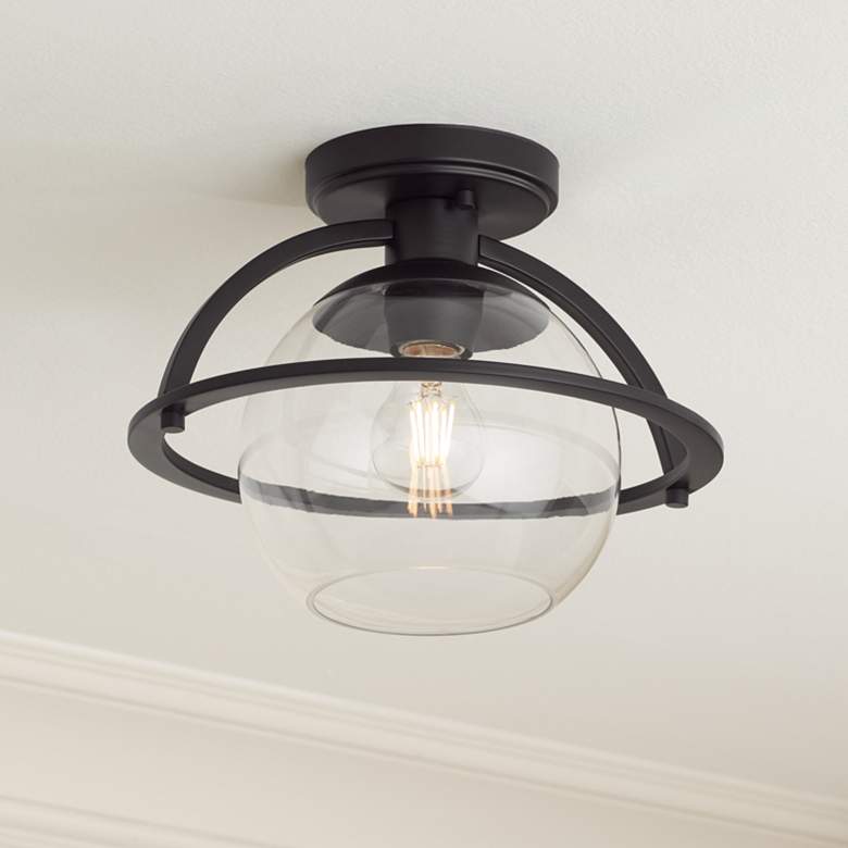 Image 1 Possini Euro Oblys 12"W Black Ceiling Light with Clear Glass