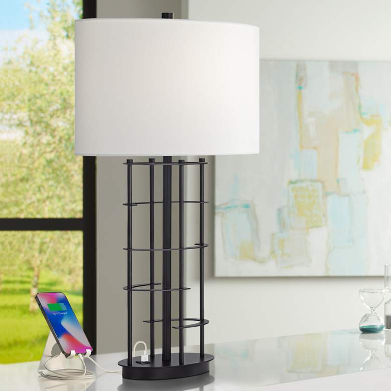Image 1 Possini Euro Open Grid 29 1/2" High Black Metal USB Table Lamp
