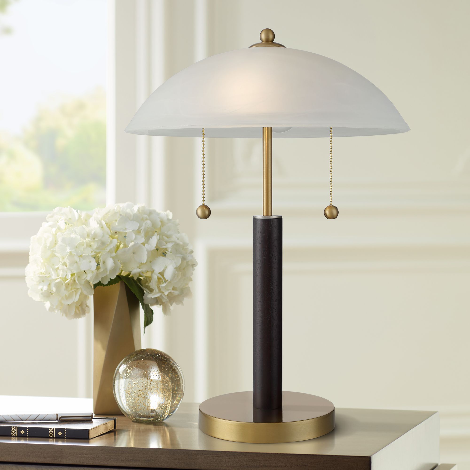 Image 6 Possini Euro Orbital 19 1/2" Wood and Gold Dome Glass Lamps Set of 2 more views