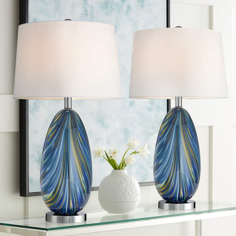 Image 1 Possini Euro Pablo 27" Modern Blue Art Glass Table Lamps Set of 2