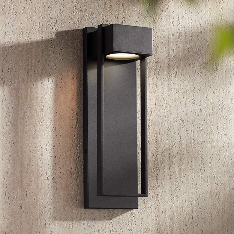Image 1 Possini Euro Pavel 16" High Textured Black LED Outdoor Wall Light
