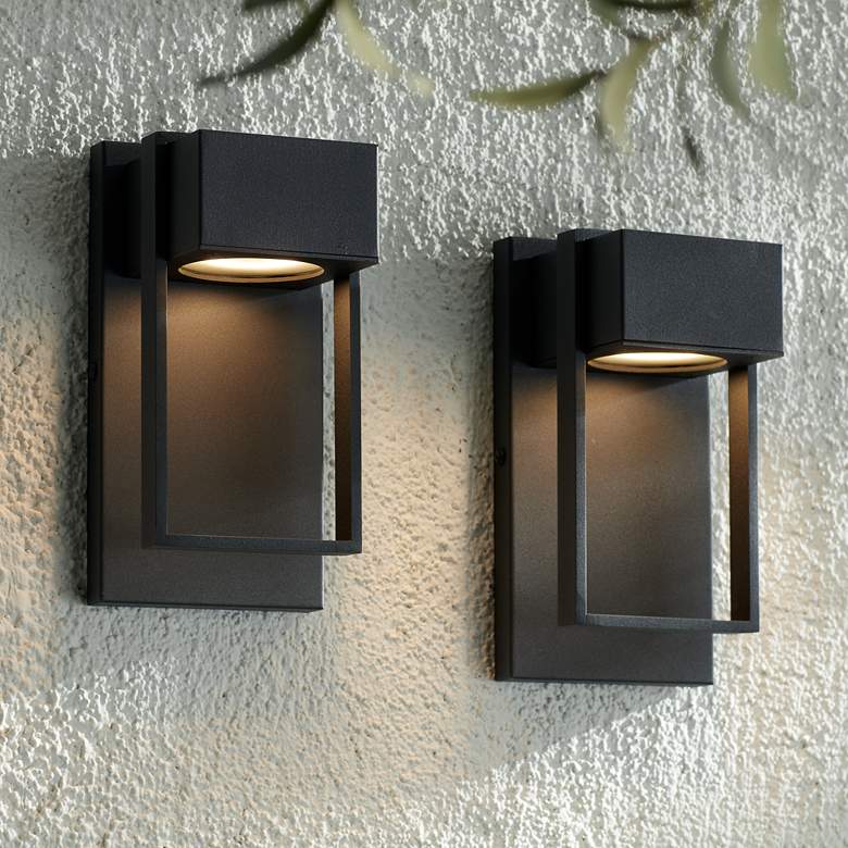 Image 1 Possini Euro Pavel 9 1/2" High Black LED Outdoor Wall Light Set of 2