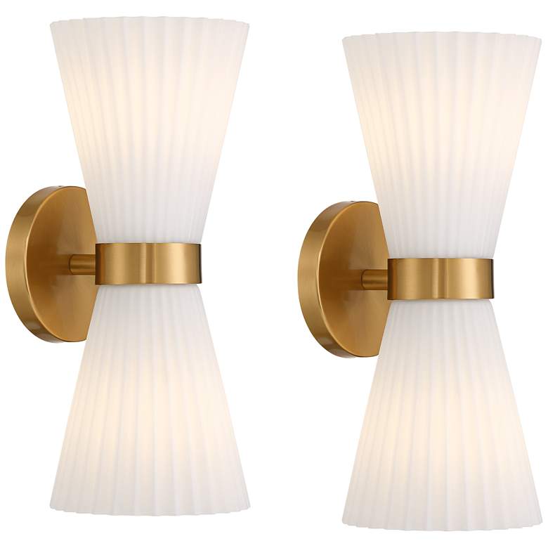 Image 1 Possini Euro Peter 14" High Warm Brass 2-Light Wall Sconce Set of 2