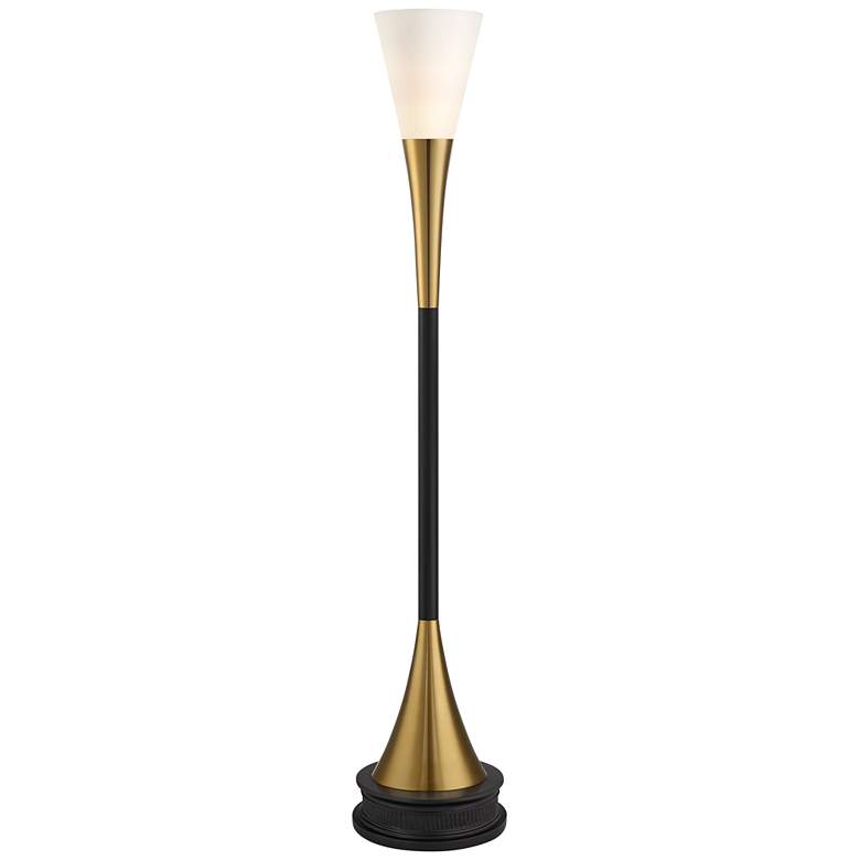 Image 1 Possini Euro Piazza Brass and Black Torchiere Floor Lamp with Black Riser