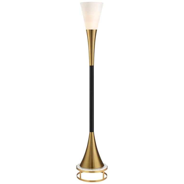Image 1 Possini Euro Piazza Brass and Black Torchiere Floor Lamp with Riser