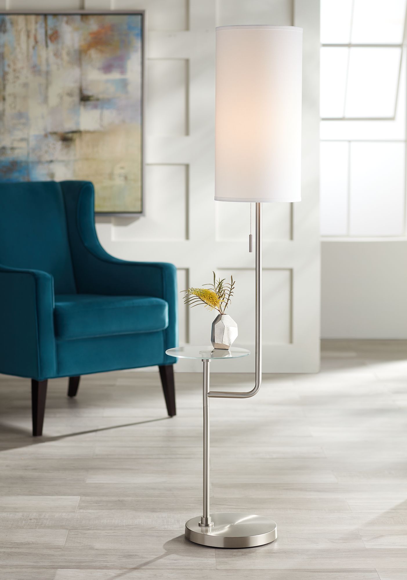 Possini Euro Piccolo 60 1/2" Nickel Floor Lamp with Glass Tray Table in scene