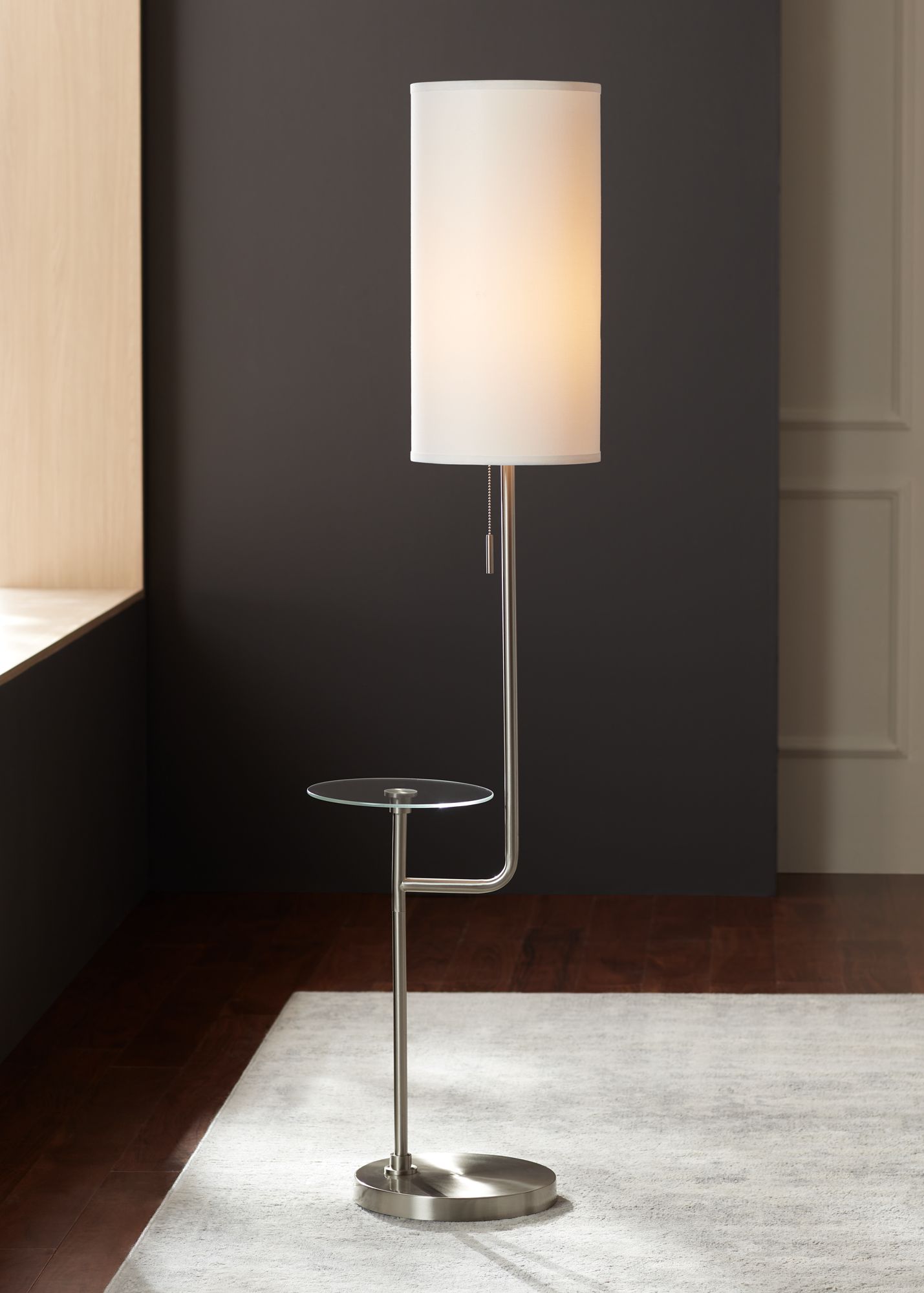Possini Euro Piccolo 60 1/2" Nickel Floor Lamp with Glass Tray Table in scene