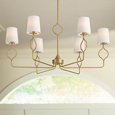 Possini Euro Pirouette 40"W Warm Gold & Linen 6-Light Chandelier