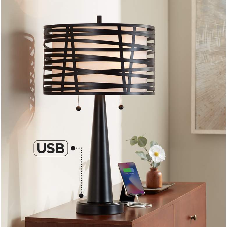Image 1 Possini Euro Polano Metal Ribbon Outlet and Dual USB Table Lamp