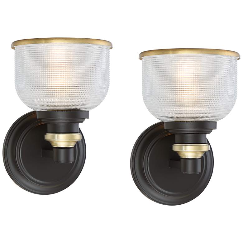 Image 1 Possini Euro Poway 9 inch Bronze and Textured Glass Wall Sconces Set of 2
