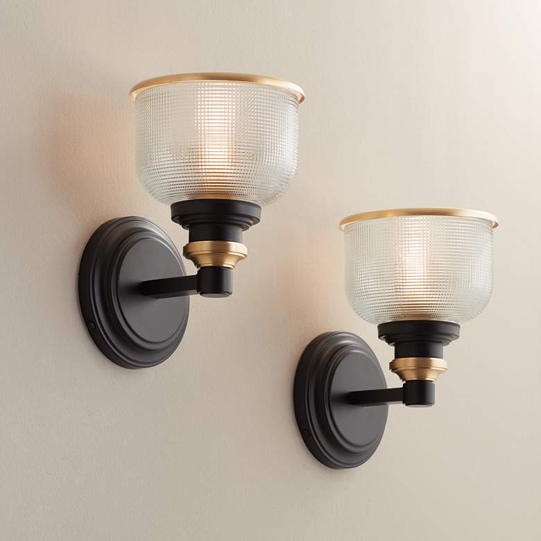 Image 1 Possini Euro Poway 9" Bronze and Textured Glass Wall Sconces Set of 2