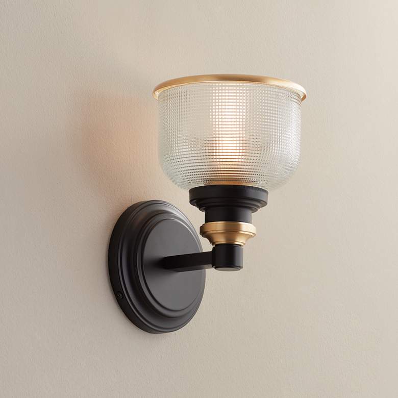 Image 1 Possini Euro Poway 9 inchH Bronze and Textured Glass Wall Sconce