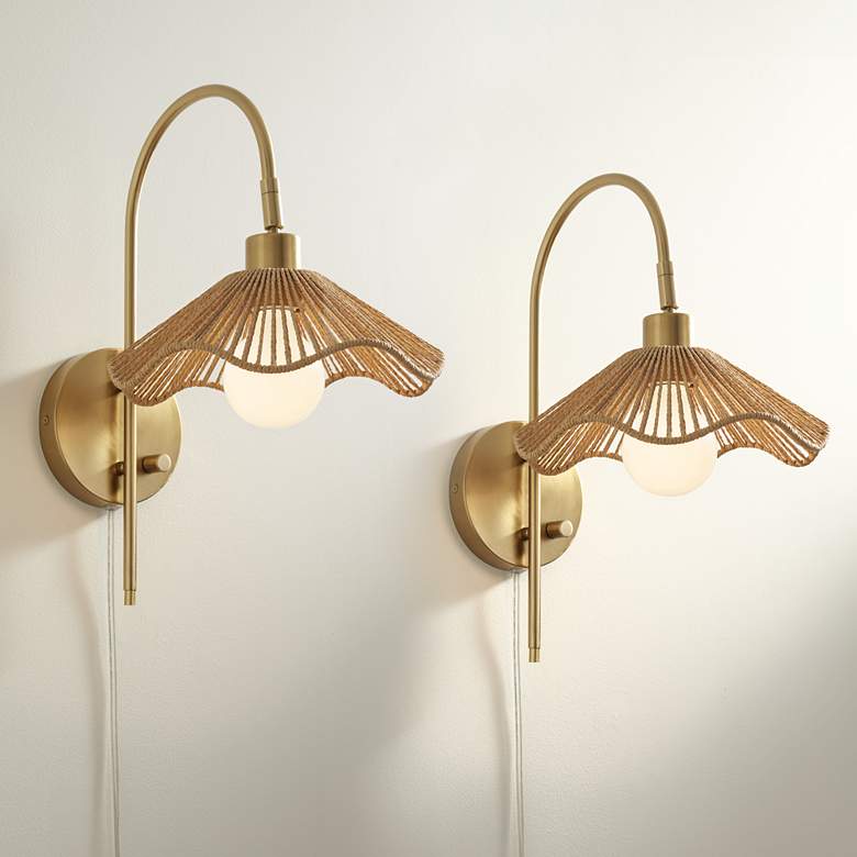 Image 1 Possini Euro Primrose 17 1/4" H Brass Plug-In Wall Lamp Set of 2