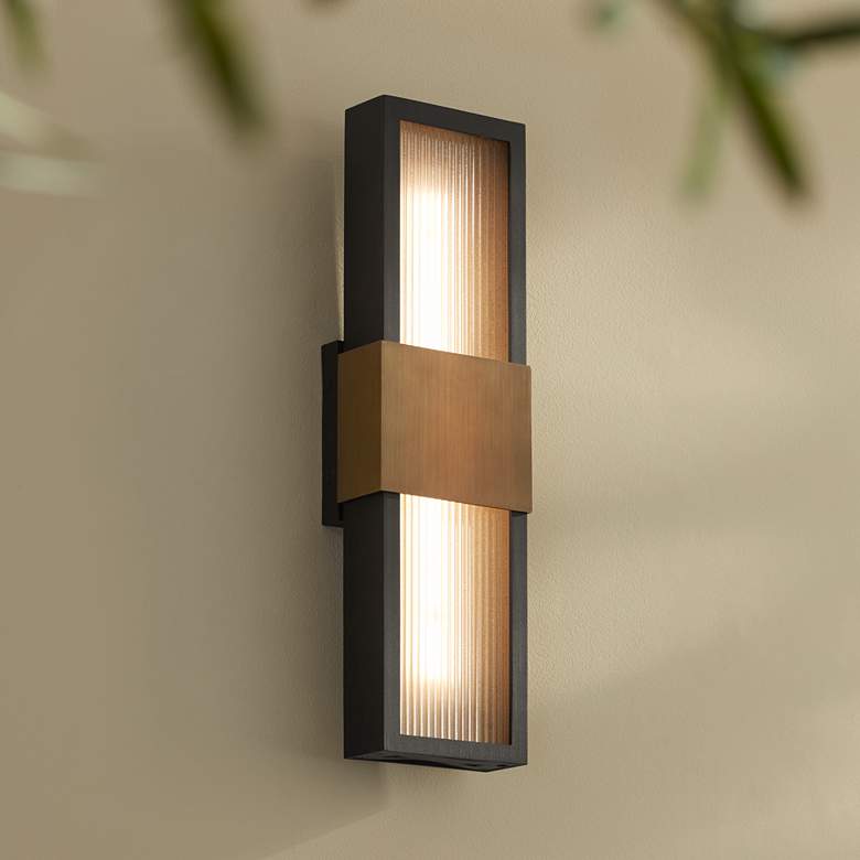 Image 1 Possini Euro Radford 18"H Sand Black and Brass LED Outdoor Wall Light