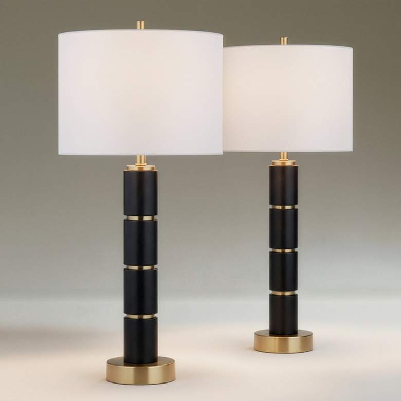 Image 1 Possini Euro Rainier 30 1/2"H Black Faux Leather Column Lamp Set of 2
