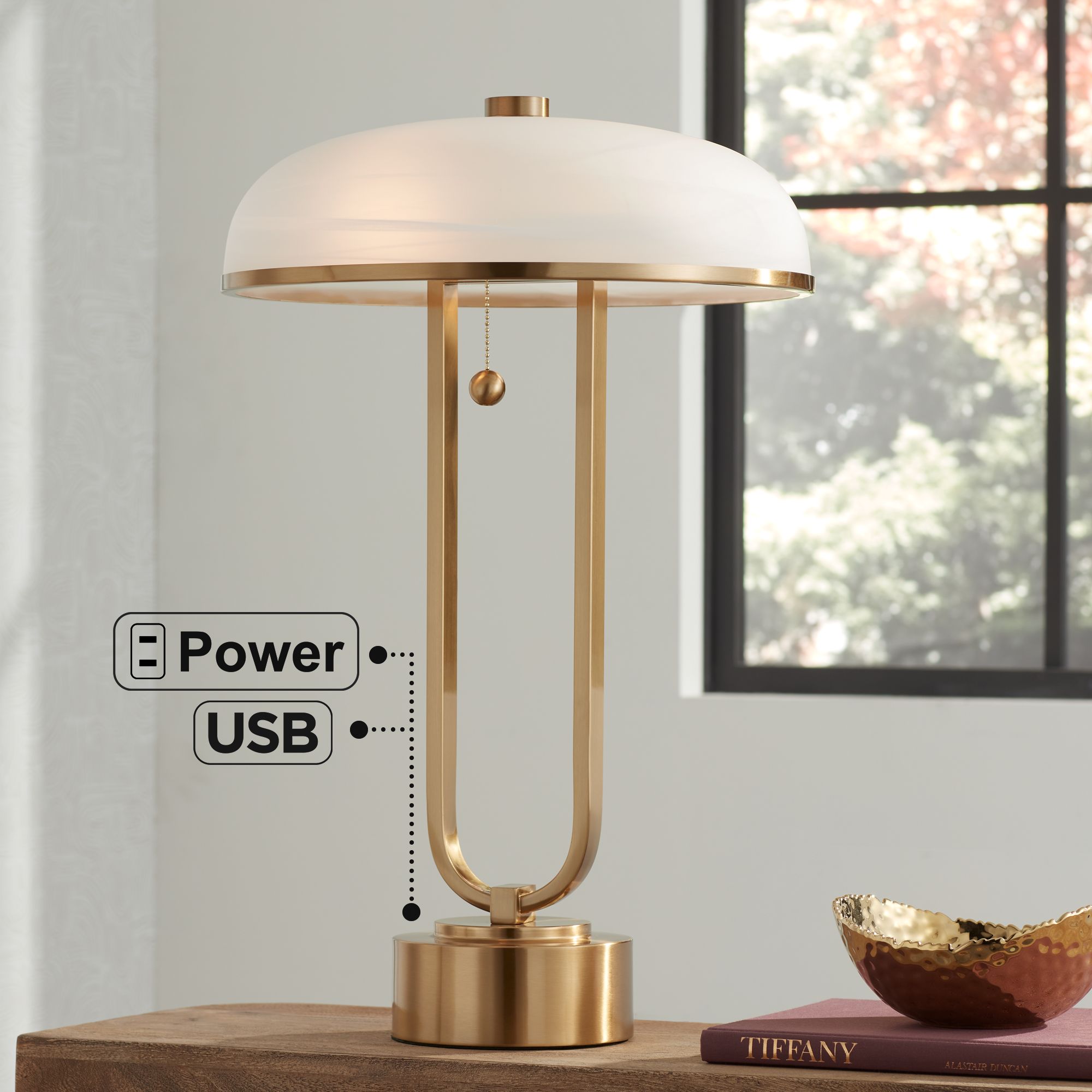 Watch A Video About the Possini Euro Ramses Alabaster Mushroom Dome USB Outlet Lamp