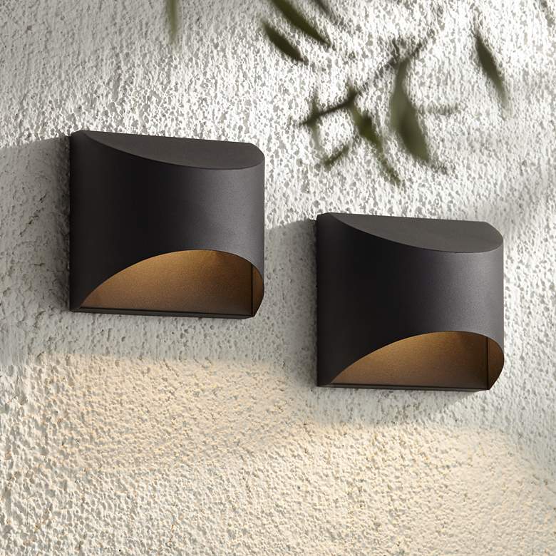 Image 1 Possini Euro Ratner 5 1/2" High Black LED Outdoor Wall Light Set of 2