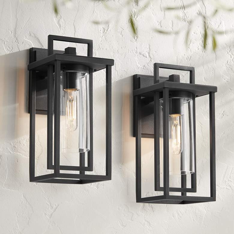 Image 1 Possini Euro Raynor 13 1/2"H Sand Black Outdoor Wall Light Set of 2