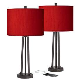 Image1 of Possini Euro Red Faux Silk and Dark Bronze USB Table Lamps Set of 2