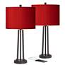 Possini Euro Red Faux Silk and Dark Bronze USB Table Lamps Set of 2