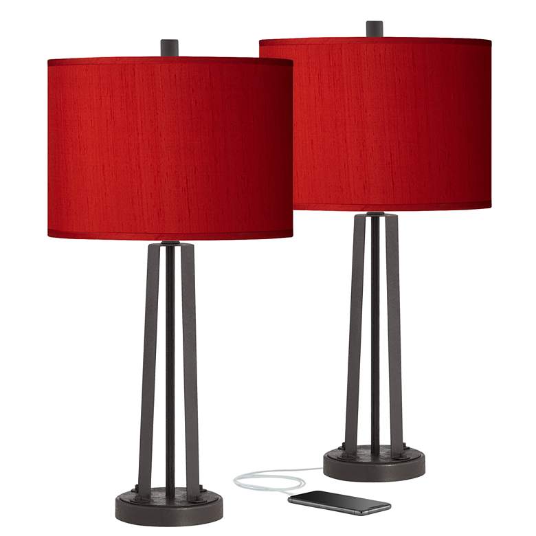 Image 1 Possini Euro Red Faux Silk and Dark Bronze USB Table Lamps Set of 2