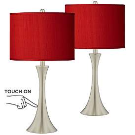 Image1 of Possini Euro Red Faux Silk Brushed Nickel Touch Table Lamps Set of 2