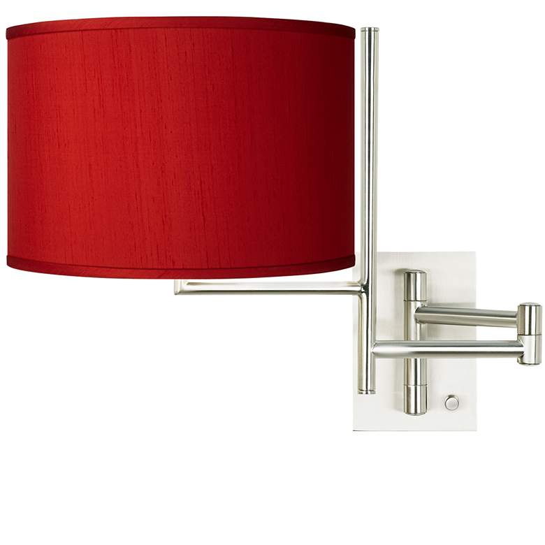 Image 1 Possini Euro Red Shade Brushed Nickel Plug-In Swing Arm Wall Lamp