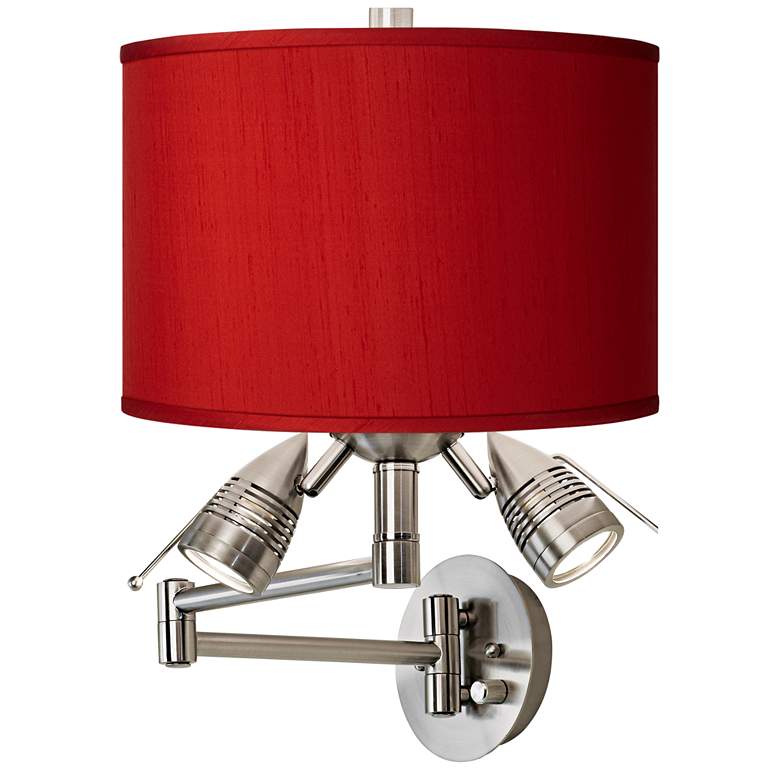 Image 1 Possini Euro Red Textured Faux Silk Nickel Plug-In Swing Arm Wall Lamp