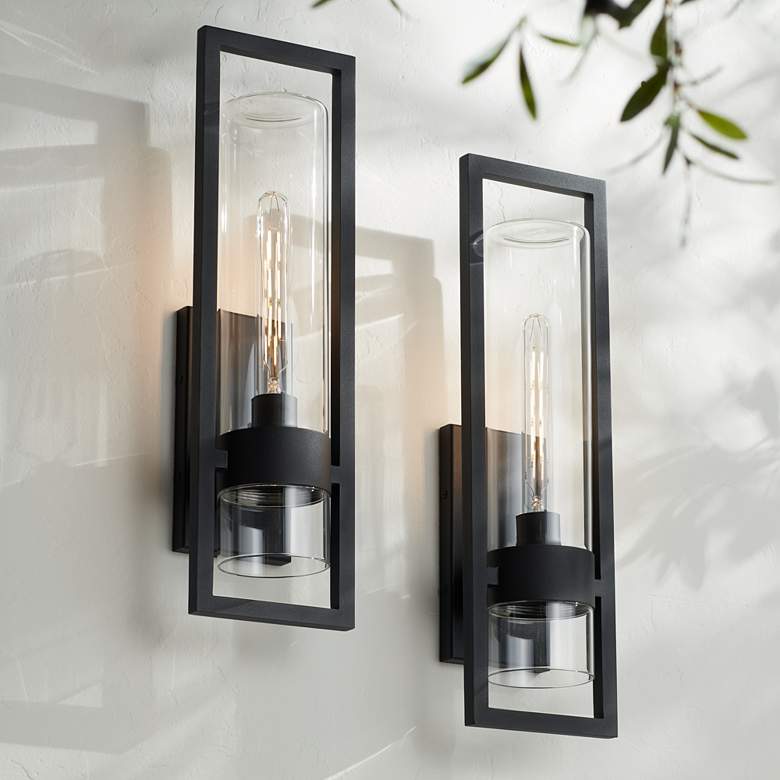 Image 1 Possini Euro Reed 21" High Sand Black Outdoor Wall Light Set of 2