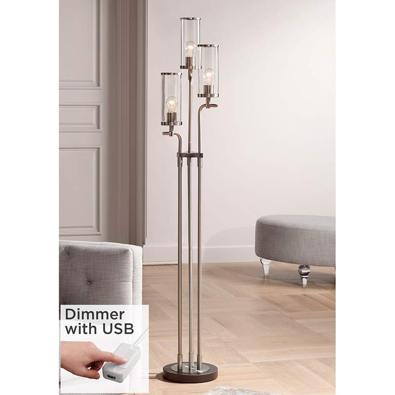 Image 1 Possini Euro Revely Brushed Nickel 3-Light Tree Floor Lamp with USB Dimmer