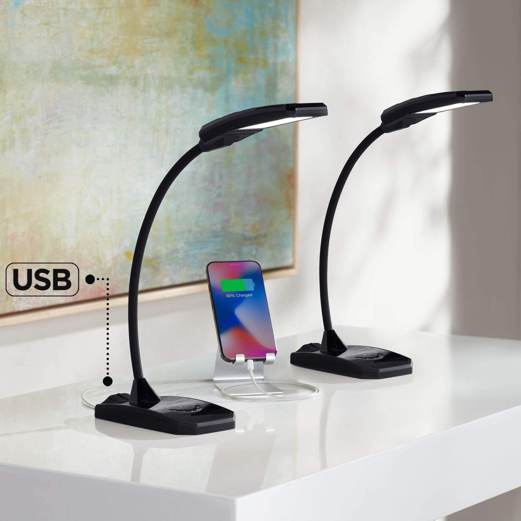 Possini Euro Ricky Black Gooseneck LED Desk Lamps Set of 2 with USB Ports