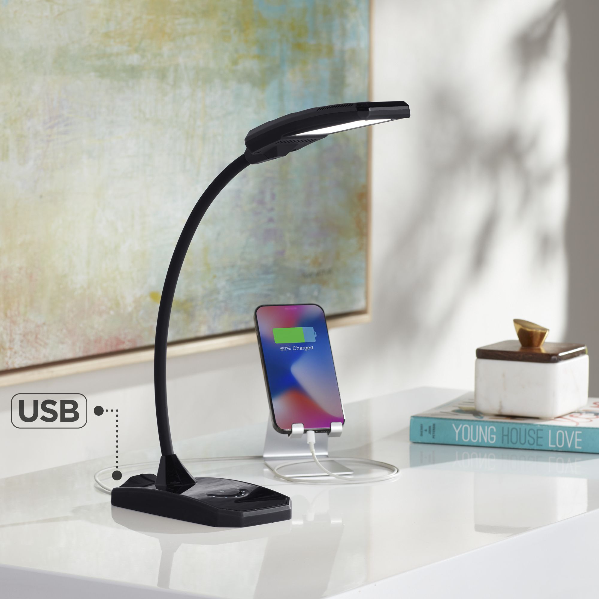 Possini Euro Ricky Black Modern Flex Arm Gooseneck LED Light USB Desk Lamp in scene
