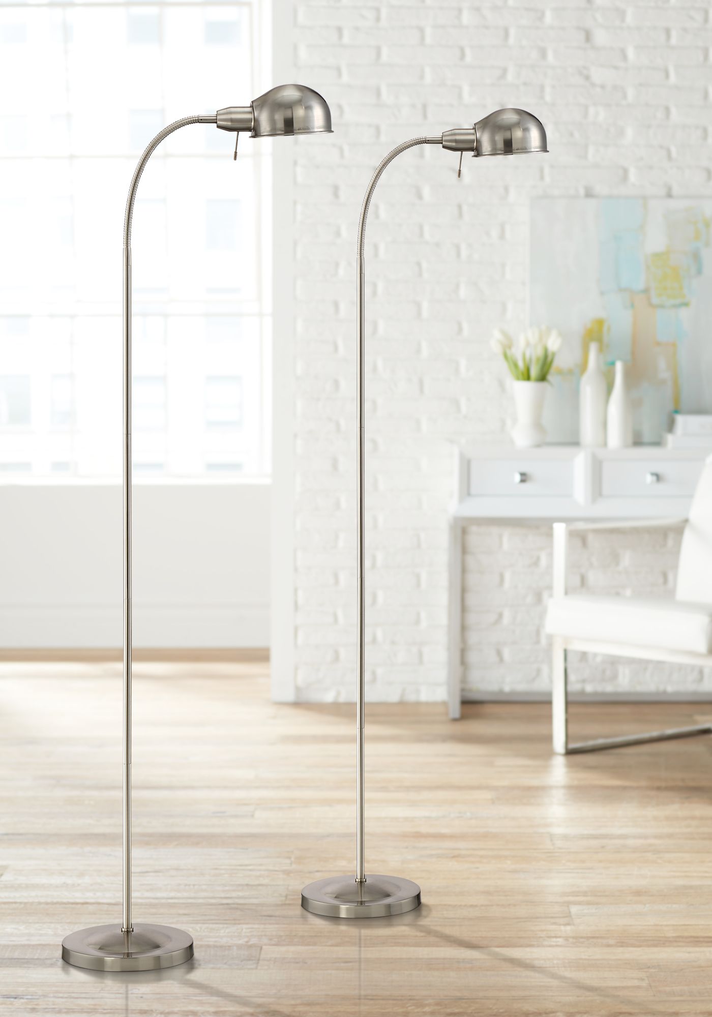 Thumbnail1 of Possini Euro Ridley 61" Satin Nickel Gooseneck Floor Lamps Set of 2