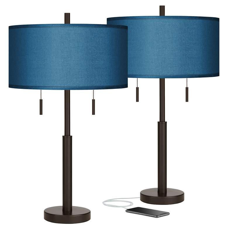 Image 1 Possini Euro Robbie 25 1/2" Blue Faux Silk USB Table Lamps Set of 2