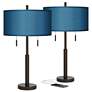 Possini Euro Robbie 25 1/2" Blue Faux Silk USB Table Lamps Set of 2