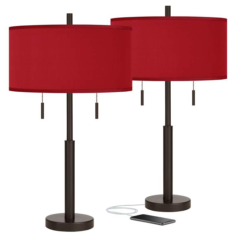 Image 1 Possini Euro Robbie Bronze and Red Faux Silk USB Table Lamps Set of 2
