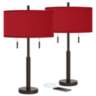 Possini Euro Robbie Bronze and Red Faux Silk USB Table Lamps Set of 2