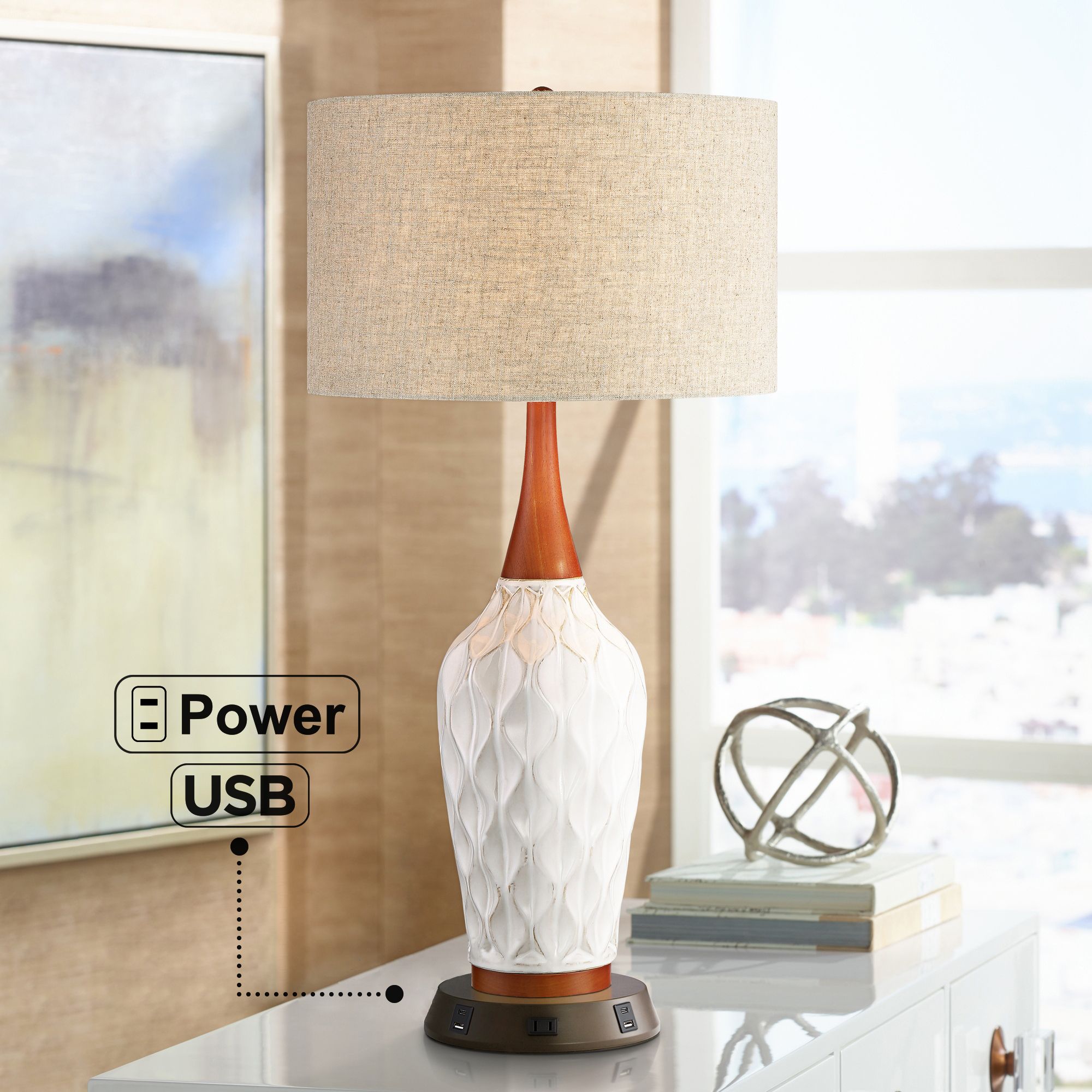Image 7 Possini Euro Rocco 30" White Ceramic Lamp with USB Workstation Base more views