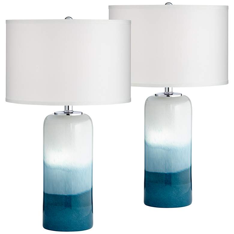 Image 2 Possini Euro Roxanne White Blue Glass Night Light Table Lamps Set of 2