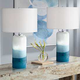 Image1 of Possini Euro Roxanne White Blue Glass Night Light Table Lamps Set of 2