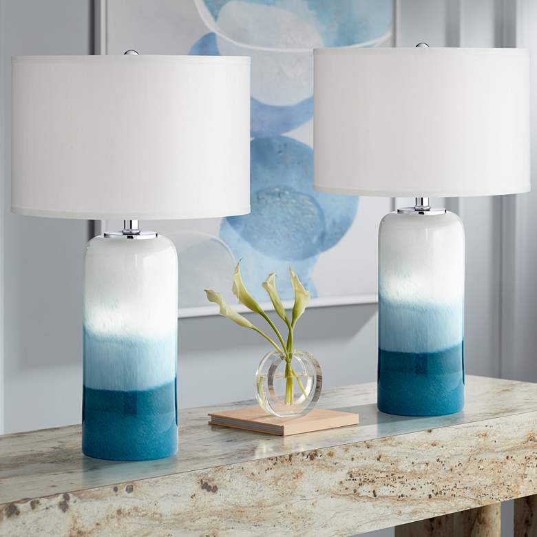 Image 1 Possini Euro Roxanne White Blue Glass Night Light Table Lamps Set of 2