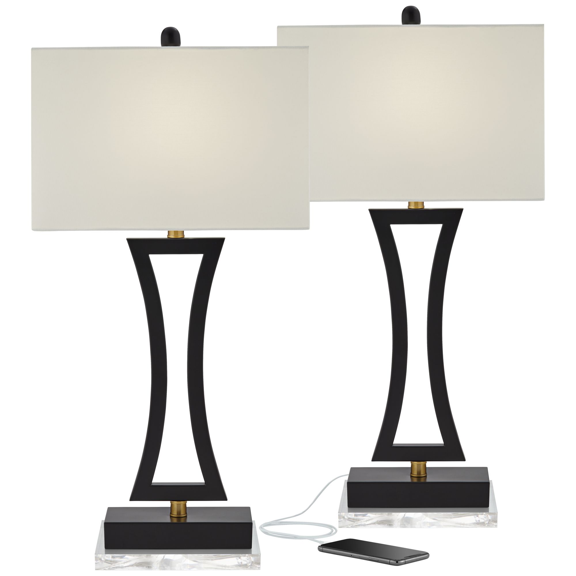 Possini Euro Roxie Black Metal USB Table Lamps Set of 2 with Acrylic Risers