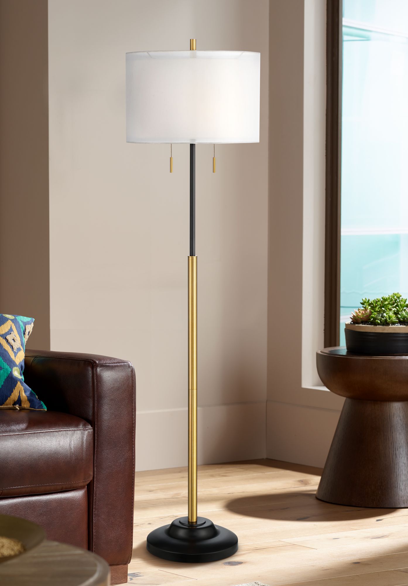 Possini Euro Roxxy 65 1/2" Double Shade Black and Gold Floor Lamp in scene