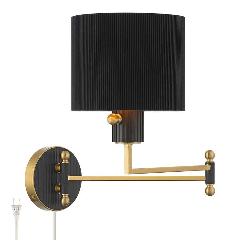Image 1 Possini Euro Rumi 13 1/4"H Gold and Black Swing-Arm Plug-In Wall Lamp
