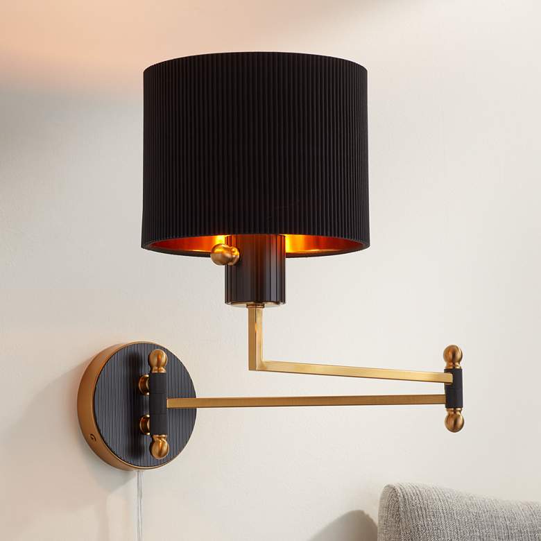Image 1 Possini Euro Rumi 13 1/4"H Gold and Black Swing-Arm Plug-In Wall Lamp