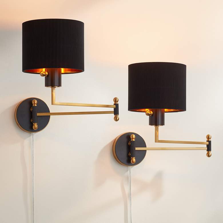 Image 1 Possini Euro Rumi 13 1/4"H Gold Swing-Arm Plug-In Wall Lamp Set of 2