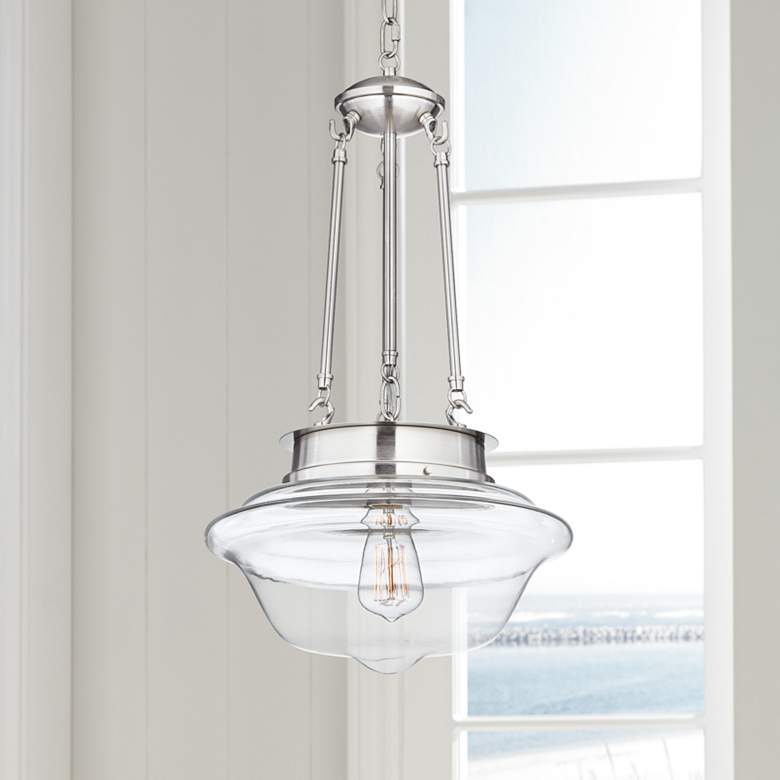 Image 1 Possini Euro Schoolhouse 13" Wide Brushed Nickel LED Pendant