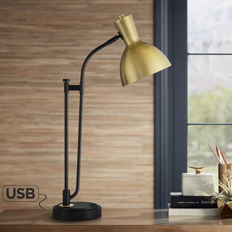 Image 1 Possini Euro Scout Warm Gold and Black Metal Desk Lamp with USB Ports