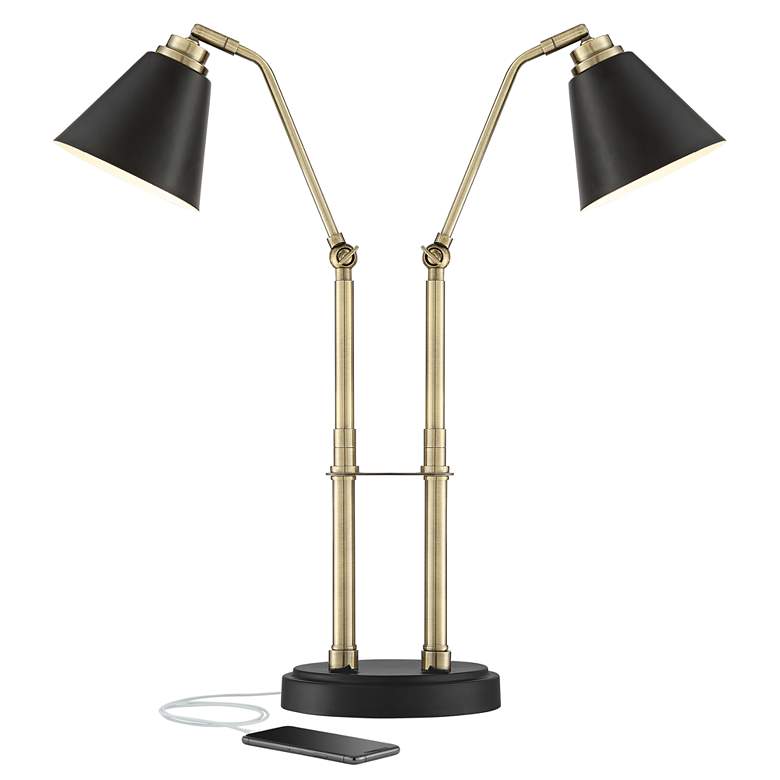 Image 2 Possini Euro Sentry 23 inch Black Antique Brass Desk Lamp with USB Port